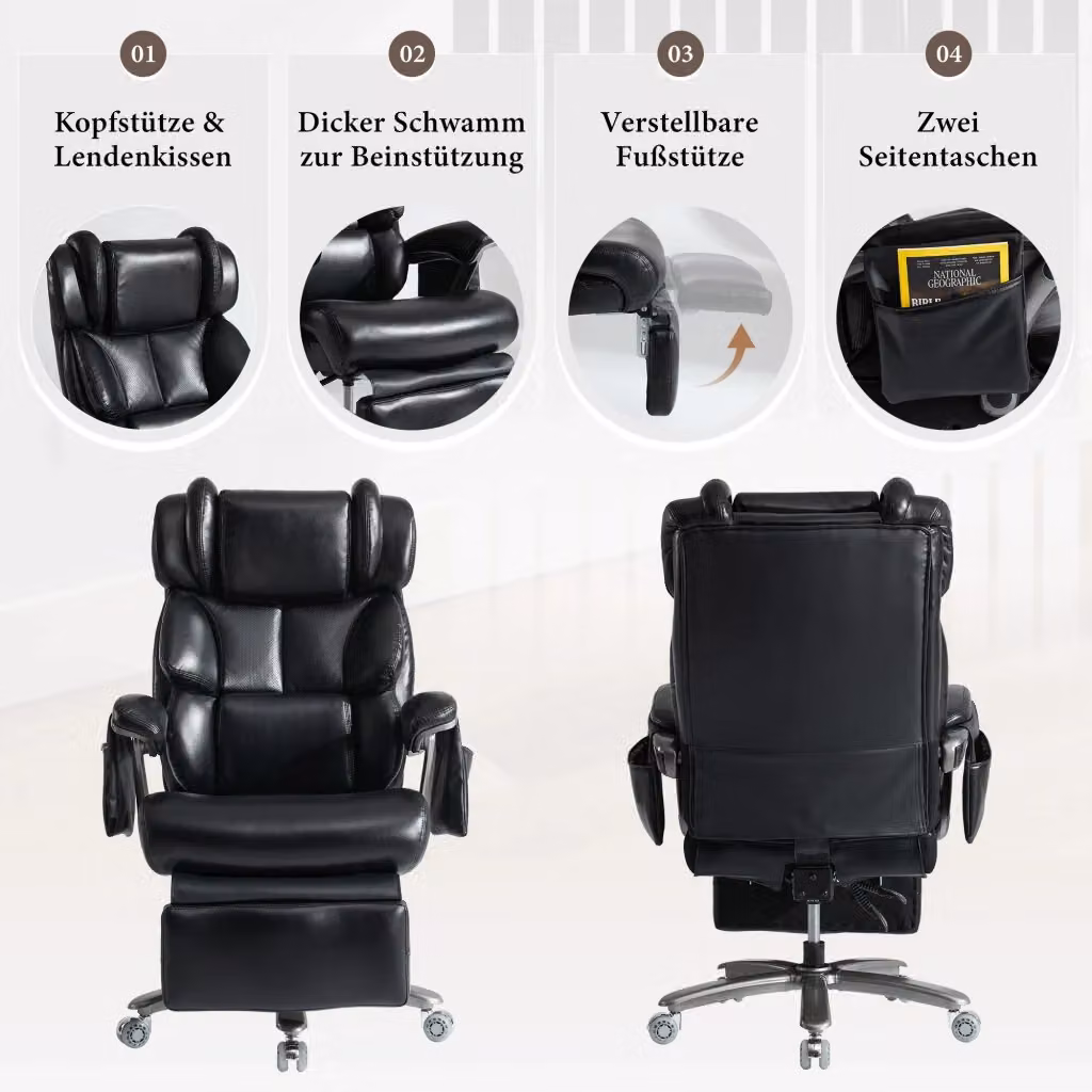 Poltrona da ufficio executive REDOM con massaggio e riscaldamento, girevole 360°, in ecopelle nera, H 112.5 x L 70 x P 88 cm – 2