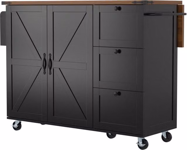 Carrello da Cucina con 1 Anta; 3 Cassetti; Piano Ribaltabile; Portaasciugamani e Ruote; in MDF; Nero