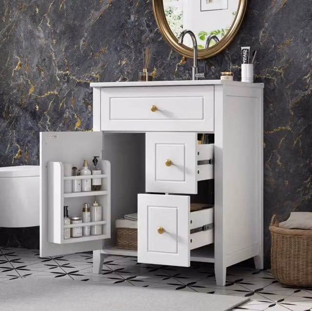 Mobile bagno freestanding MODFU bianco lucido con lavabo in ceramica e maniglie dorate L: 61 cm, H: 87 cm, P: 47 cm