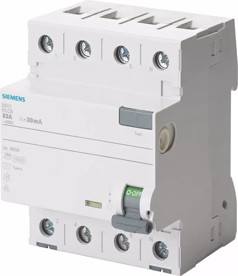 Interruttore differenziale Siemens, a 4 poli, tipo A, corrente nominale: 80 A, corrente nominale di intervento: 100 mA, tensione nominale CA: 400 V 5SV34476
