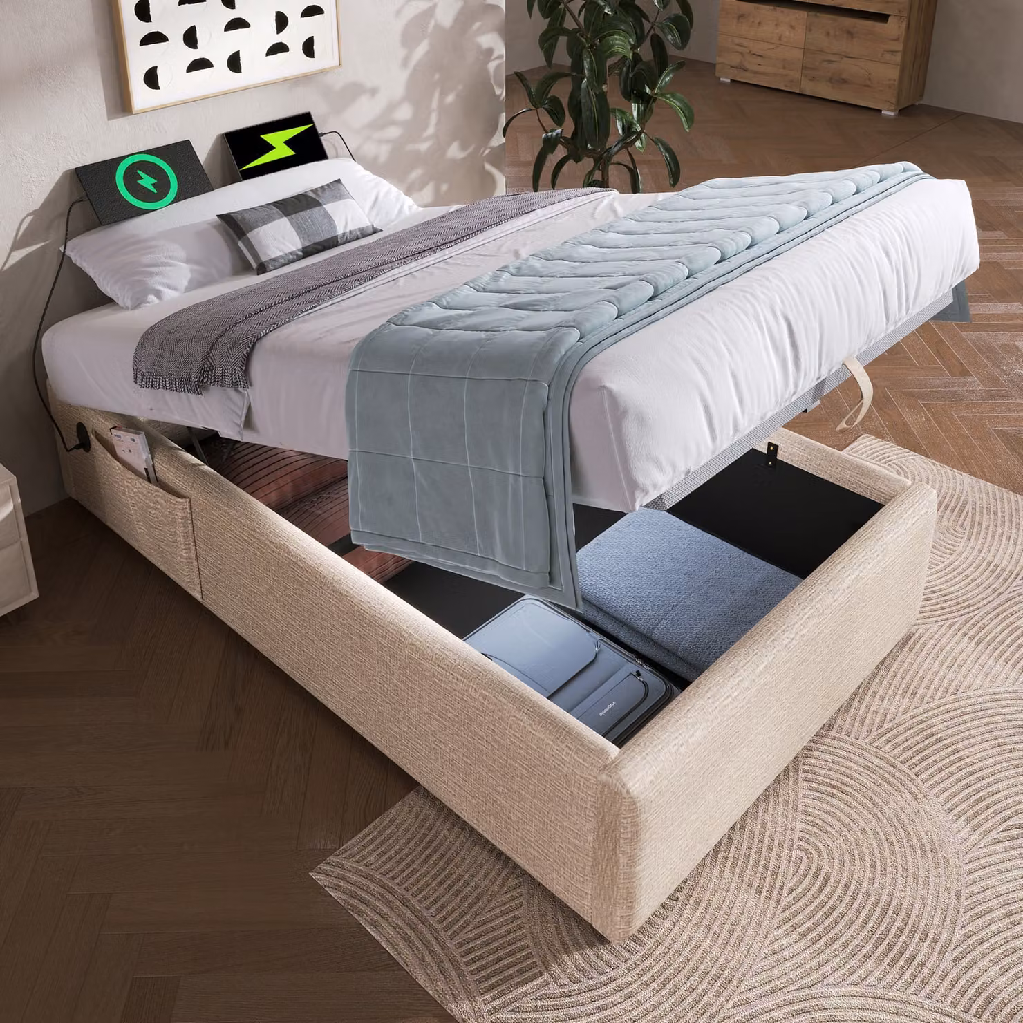 Letto imbottito STILVORA 90×200 cm, letto singolo, struttura con vano contenitore, base con porta USB-C e rete a doghe su tutta la superficie, senza testiera, tessuto in lino, beige (materasso non incluso)
