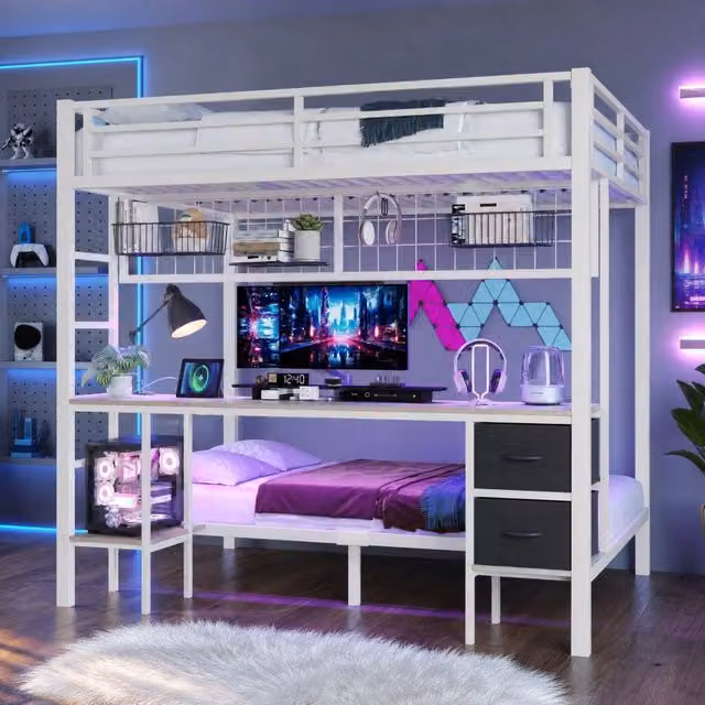 Letto a soppalco in ferro 140x200 cm con scrivania, cassetti, ripiani, griglia appendiabiti, LED a 7 colori, USB, bianco, senza materasso