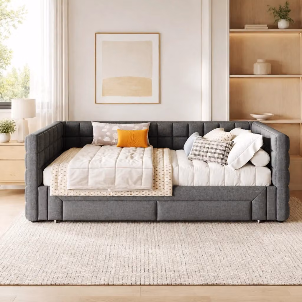 Divano Letto REDOM in Velluto Grigio con 2 Cassetti, L/P/H: 219.5 x 90 x 183 cm – 2
