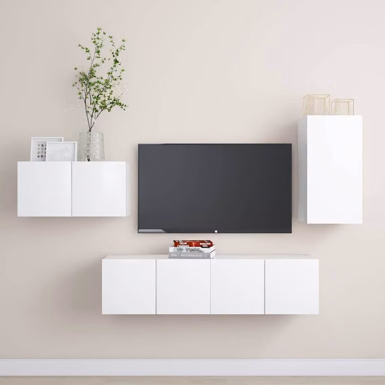Set di mobili porta TV moderno vidaXL in legno e MDF bianco, sospeso a parete, 4 pezzi