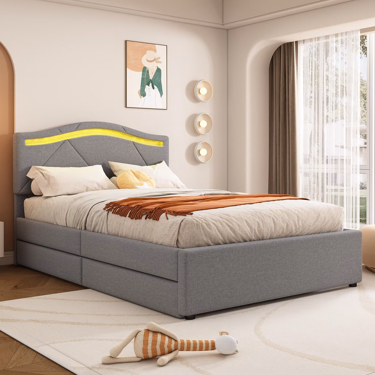 Letto imbottito 90 x 200 cm con illuminazione a LED, 2 cassetti, poggiatesta regolabile e rete a doghe, rivestito in lino, colore grigio