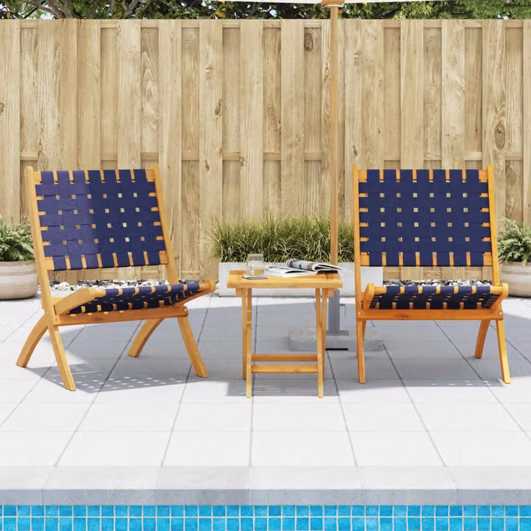 Set di 2 sedie pieghevoli vidaXL in legno di acacia oliato e tessuto blu e marrone, impilabili per giardino e terrazza