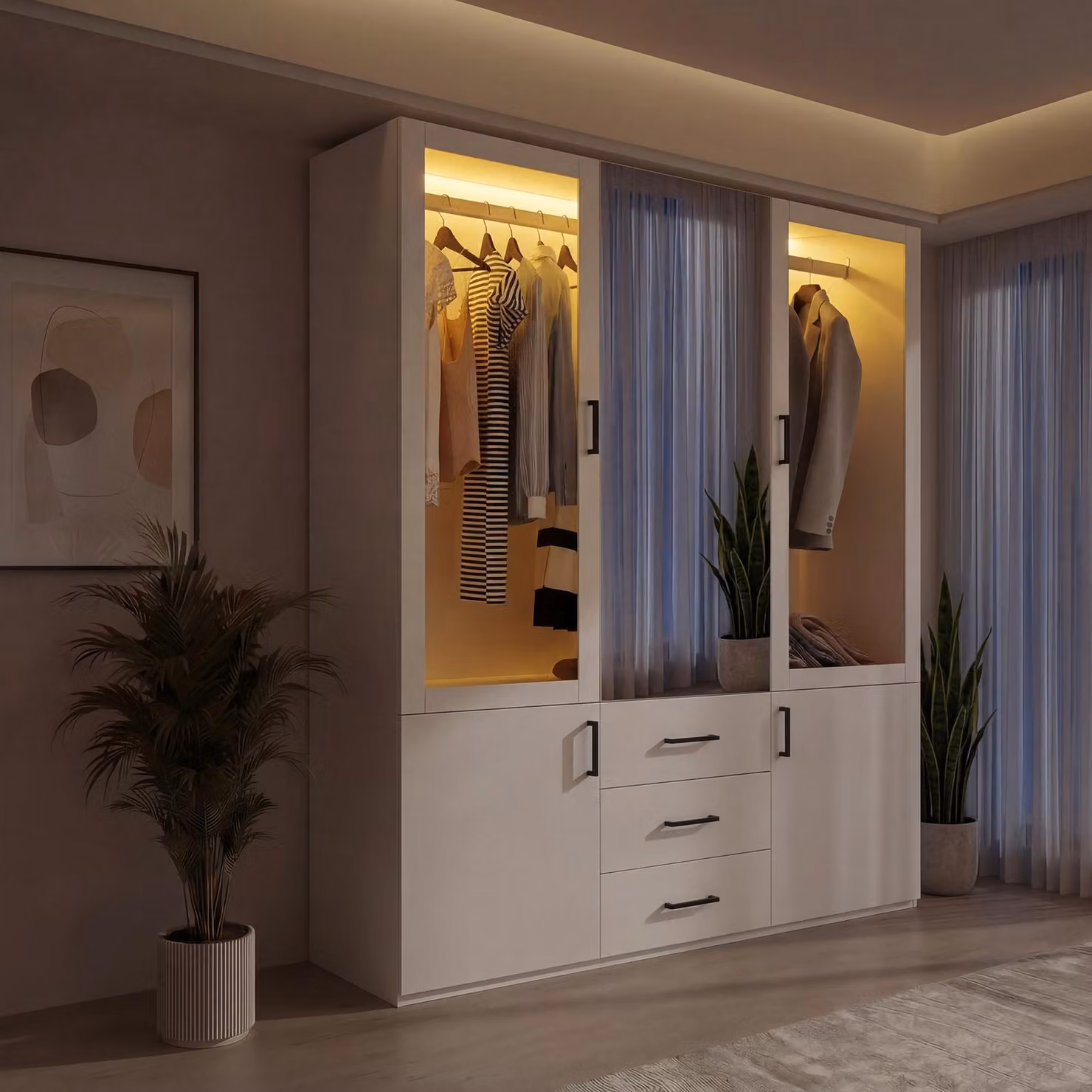 ARMADIO REMZETTA, dimensioni 130x51,8x181,5 cm, con specchio, illuminazione LED, 4 ante e 3 cassetti, grande armadio per la camera da letto, con asta appendiabiti, mobile contenitore per la camera da letto