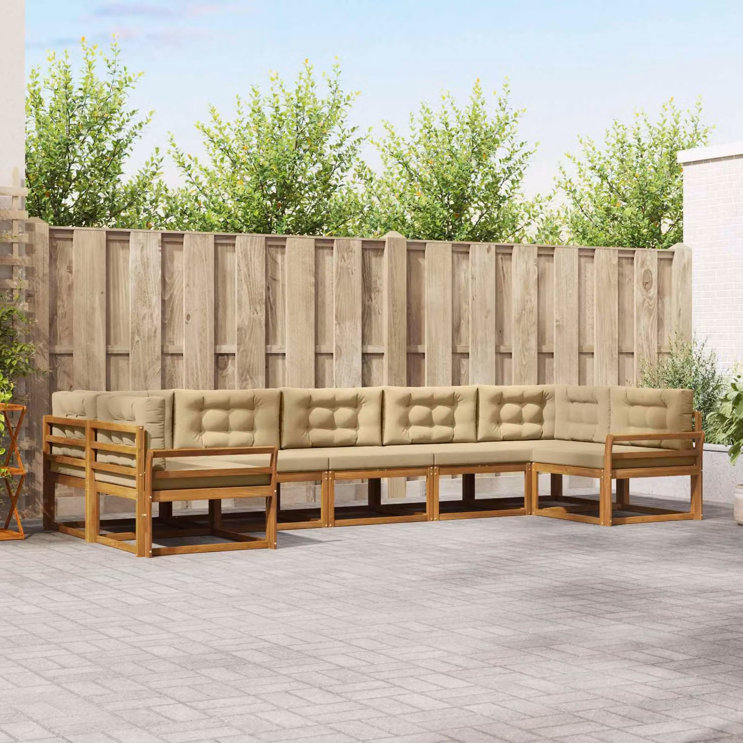 Set di divani da esterno vidaXL a forma di L in legno di acacia con cuscini, 7 pezzi, Beige e Marrone