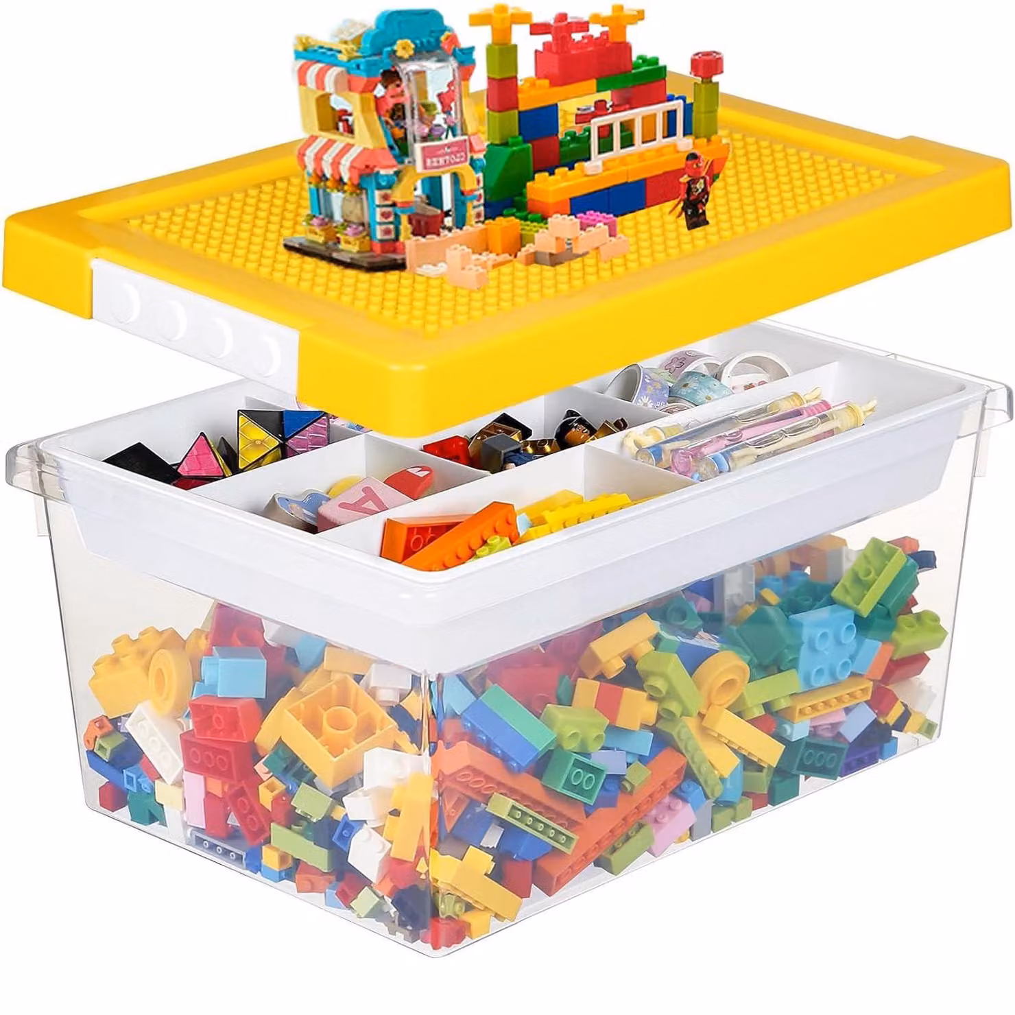 Contenitore con coperchio per blocchi da costruzione e piccoli pezzi