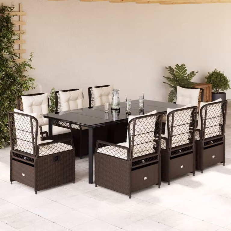 Set da pranzo da giardino vidaXL in polyrattan marrone con 9 pezzi e cuscini