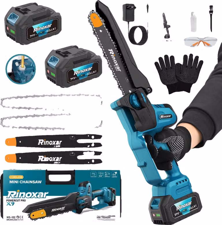 Mini motosega, motore brushless, lubrificazione automatica, blu, 8 pollici, due batterie