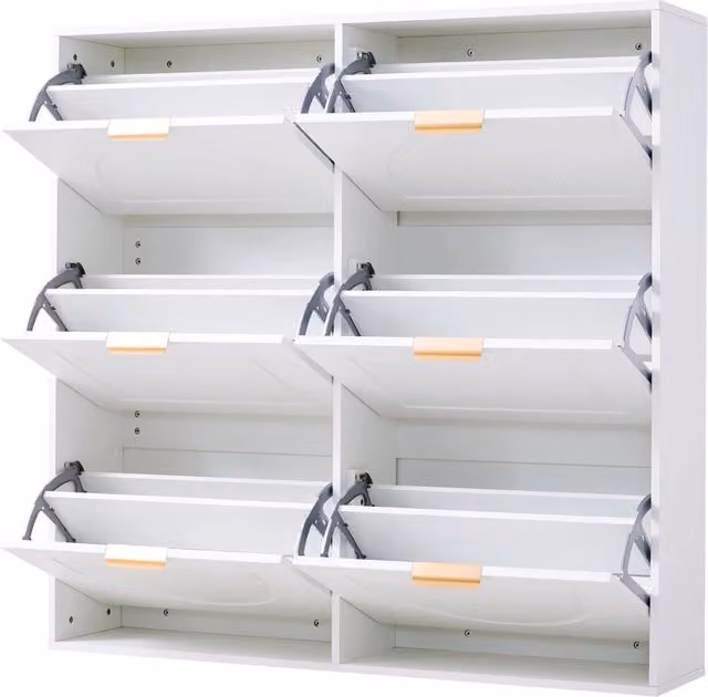 Armadio porta scarpe bianco con 6 ribalte, 118x115x25 cm, mobile autoportante con ripiani aperti per ingresso e corridoio