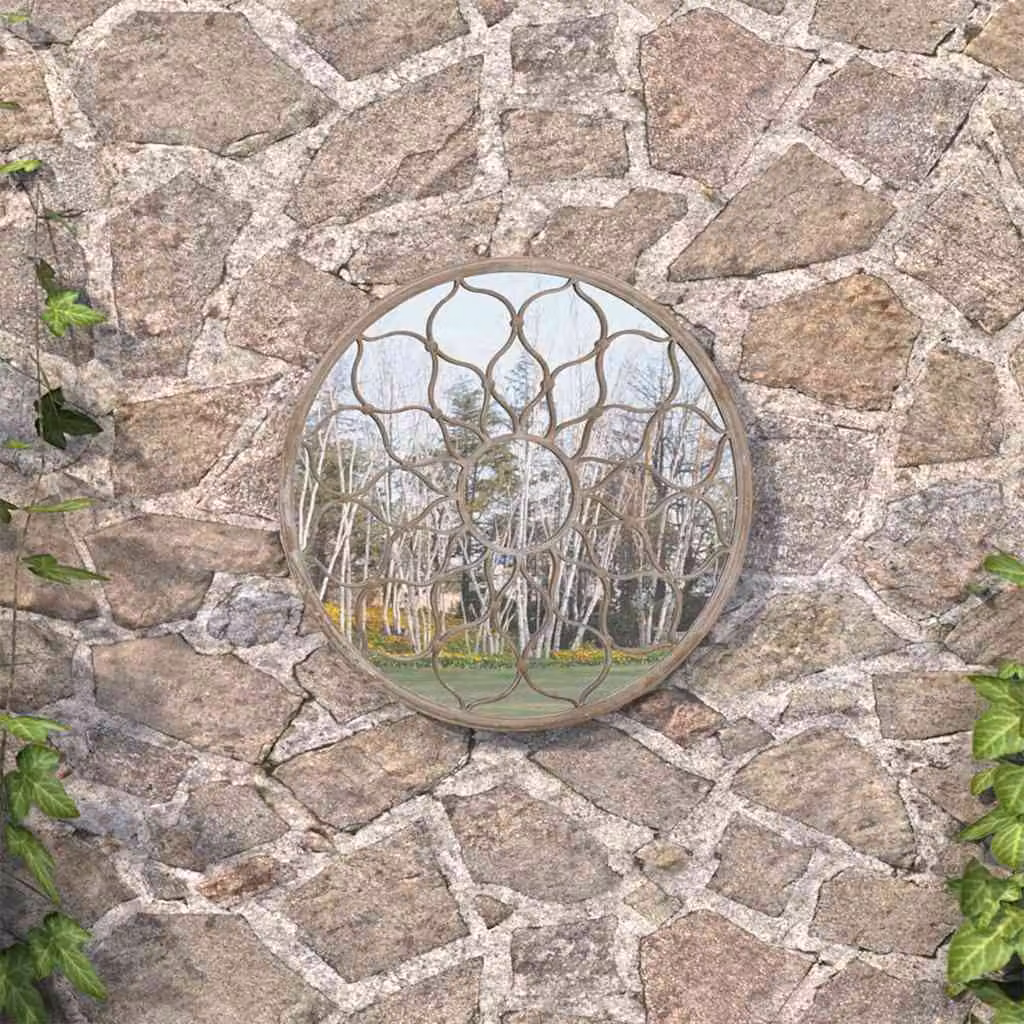 Specchio da giardino rotondo vidaXL in metallo beige con decoro floreale, da appendere al muro, Diametro: 40 cm, Profondità: 3 cm