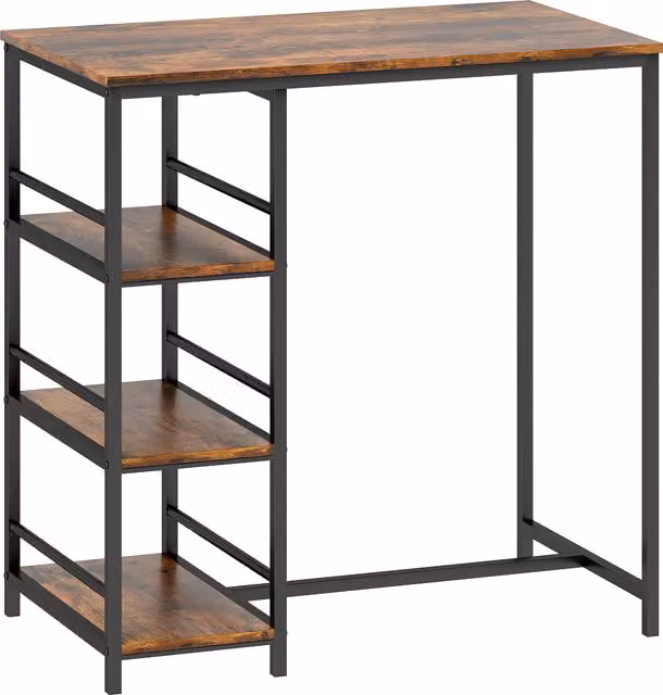 Tavolo da bar alto HOMCOM con 3 ripiani di stoccaggio e telaio in acciaio, Marrone Rustico e Nero, L: 90 cm, P: 50 cm, H: 90,5 cm