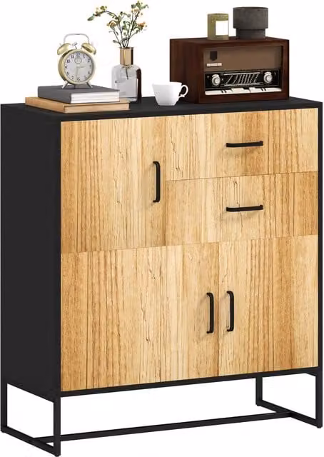 Credenza moderna multiuso in truciolato e acciaio con 3 armadietti e 2 cassetti, mobiletto pratico per casa, 80x35x85 cm, nero e legno