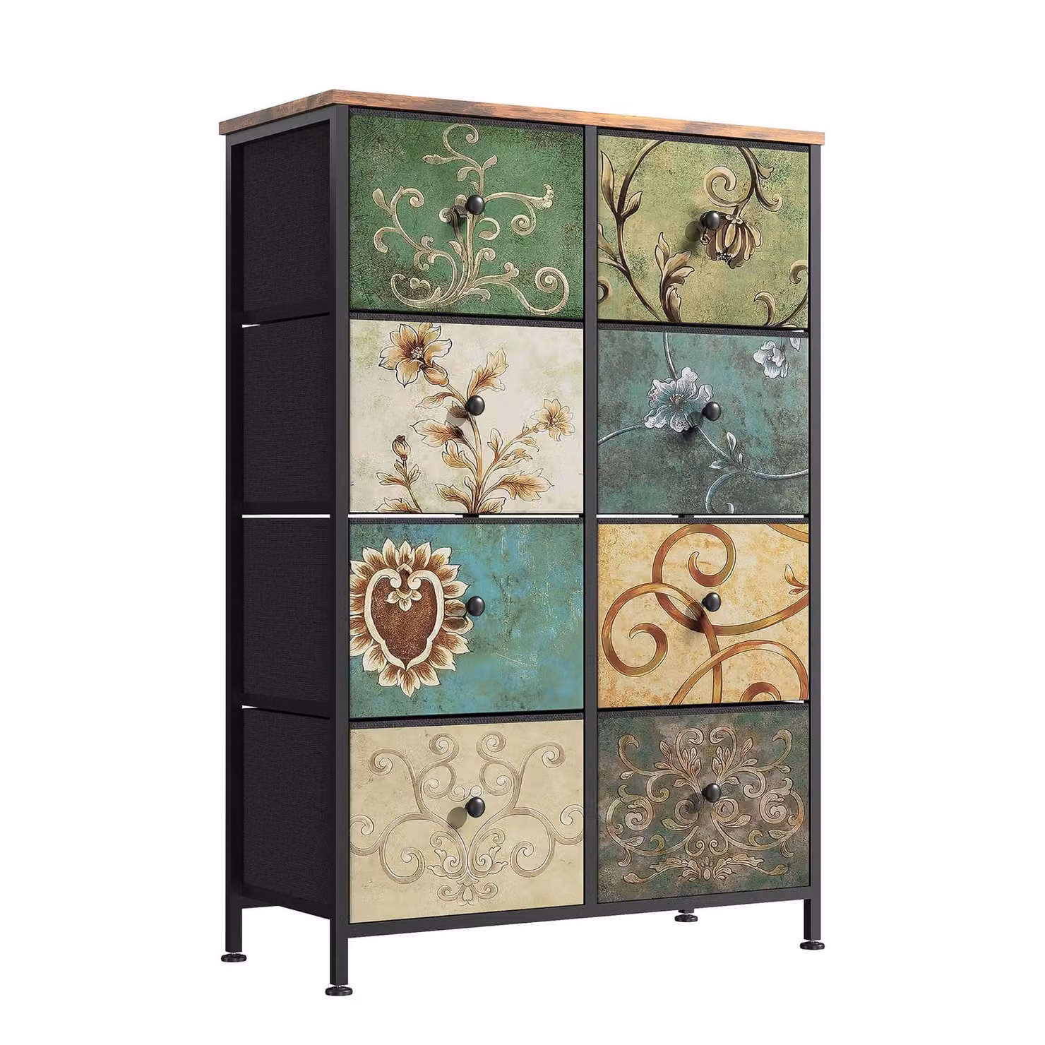 Comodino INONEFT con 8 cassetti in tessuto, mobiletto contenitore con cassetti in tessuto, armadietto con cassetti per il soggiorno, stile vintage, dimensioni 100x30x67,5 cm
