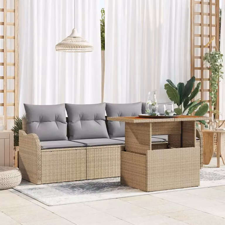 Set Divano da Giardino vidaXL 5 Pezzi in Polyrattan con Cuscini Beige e Grigio Chiaro