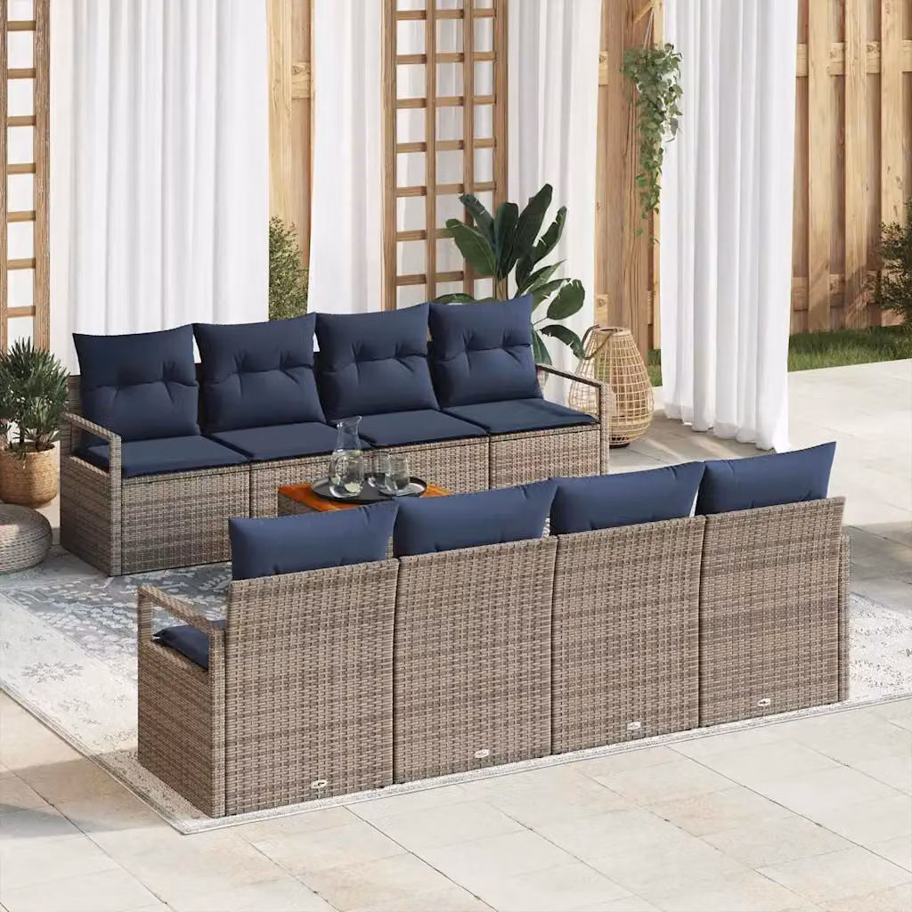 Set Divano da Giardino vidaXL 9 pz Grigio con Cuscini e Tavolino in Polyrattan e Acciaio