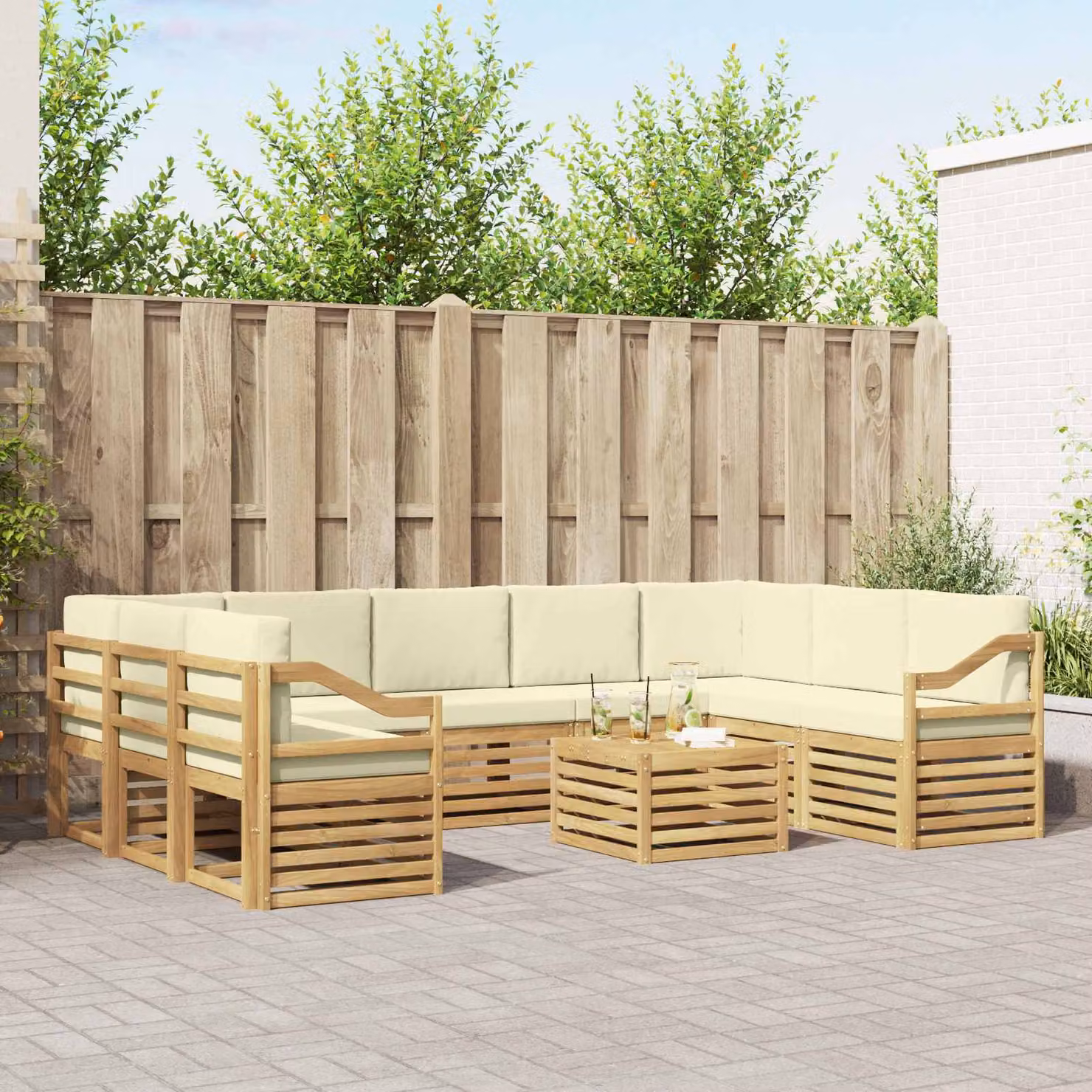 Set di divani da esterno vidaXL a forma di L in legno di acacia con cuscini beige e marrone