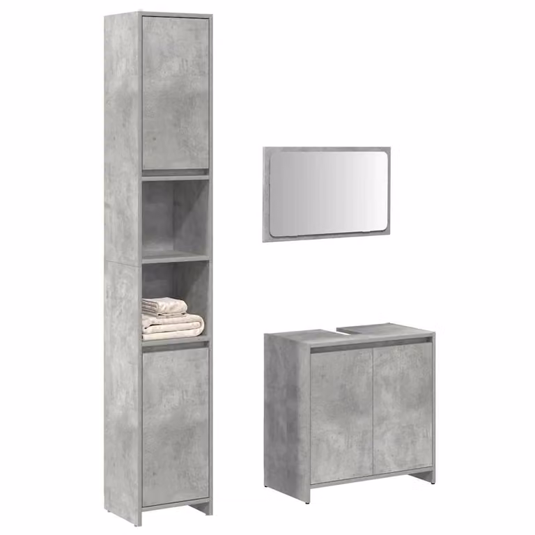 Set di mobili da bagno vidaXL 3 pezzi in legno e vetro Grigio, composto da mobile lavabo, pensile e armadio alto, design moderno con finitura opaca