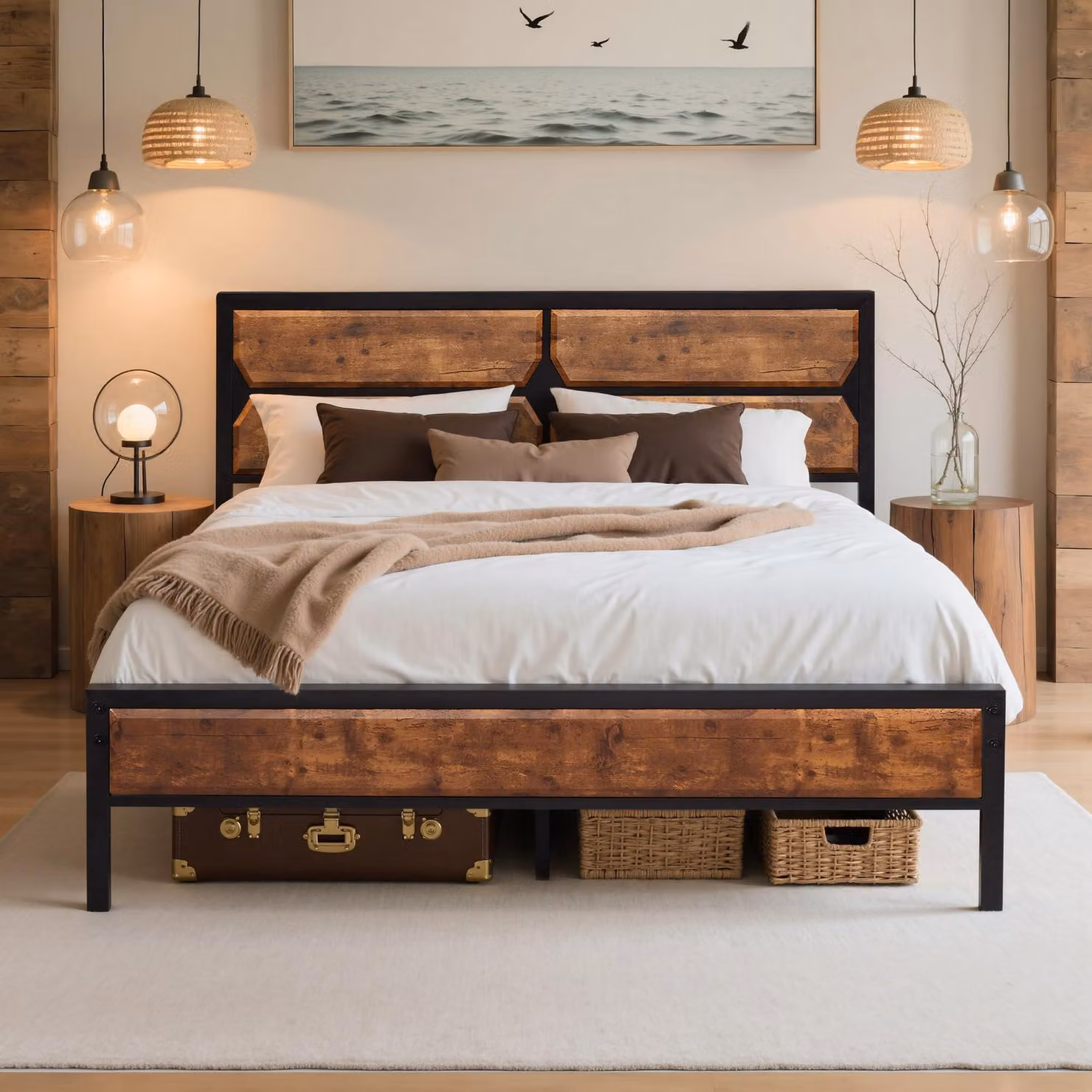 Letto matrimoniale VECELO, 140x200 cm, struttura in metallo e legno, con rete a doghe, silenzioso