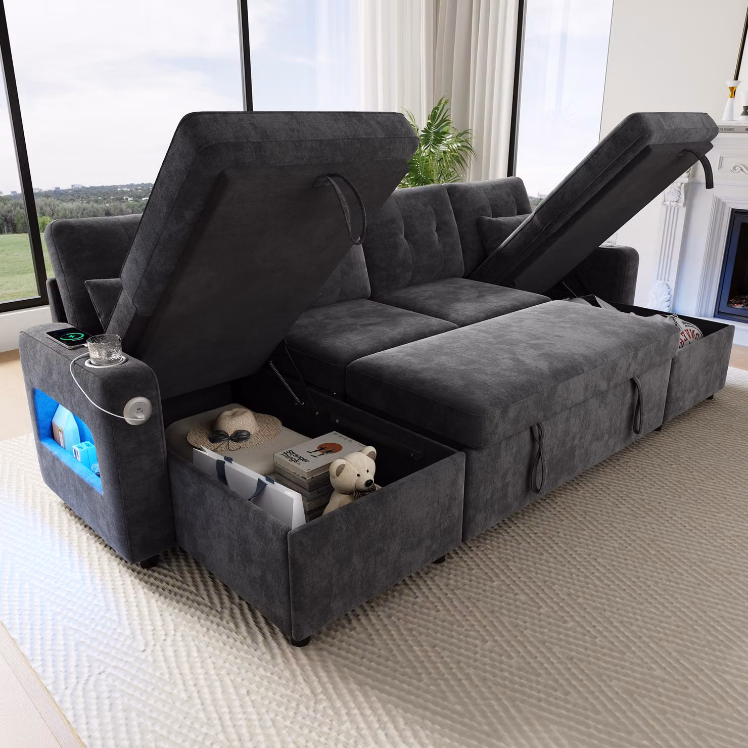Merax Divano angolare Divano letto con funzione letto, divano a U con vano contenitore, chaise longue doppia, portabevande e illuminazione USB/LED, divano letto, grigio