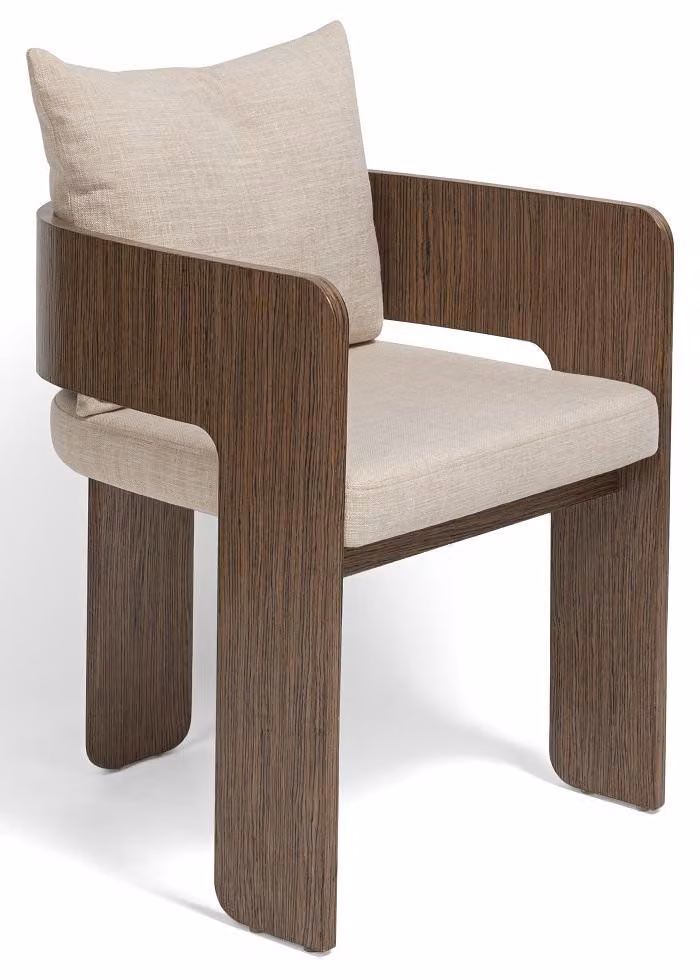 Sedia. Design elegante. Tessuto beige. Struttura in legno. Comfortevole. Caratteristica. Moderna