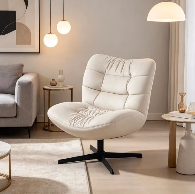 Poltrona lounge girevole 70x80x82 cm in ciniglia color crema, seduta ampia –