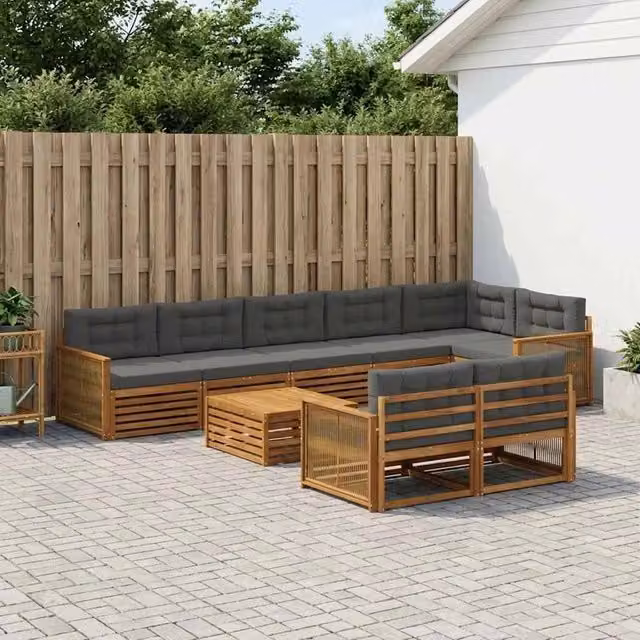 Set di divani da esterno a forma di U vidaXL in legno di acacia con cuscini grigi, 9 pezzi – 1