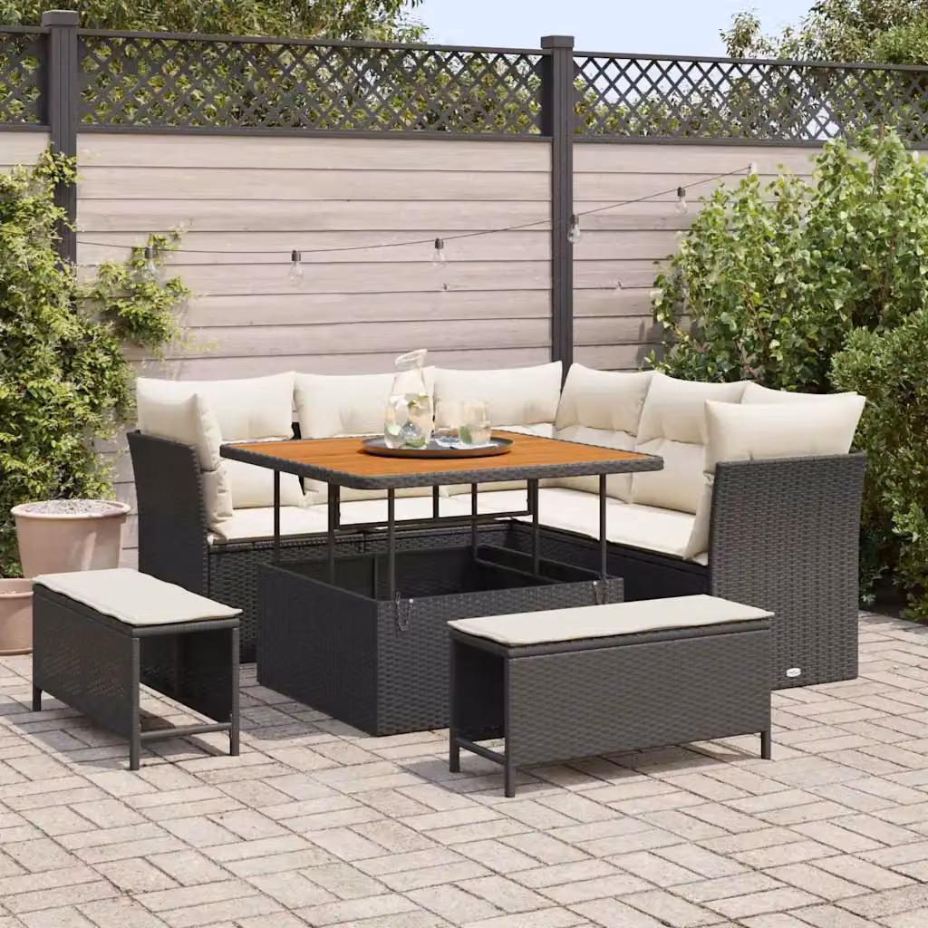 Set Divano da Giardino a L vidaXL 8 Pezzi Nero con Cuscini e Tavolino da Esterno in Polyrattan e Acciaio – 1