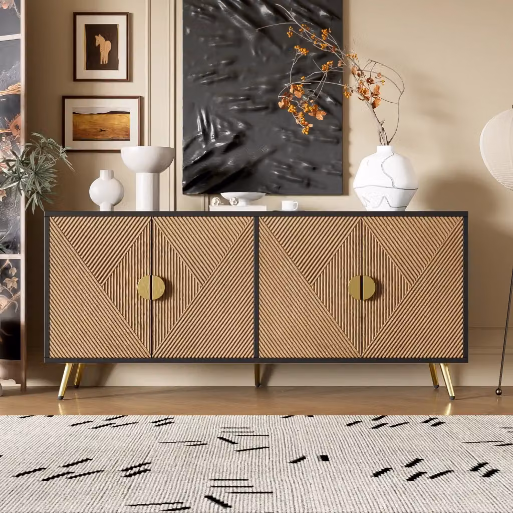 Credenza moderna con 4 ante ammortizzate per soggiorno e camera da letto, in MDF e legno, colore nero e oro, L: 160 cm, P: 40 cm, H: 75 cm – 2