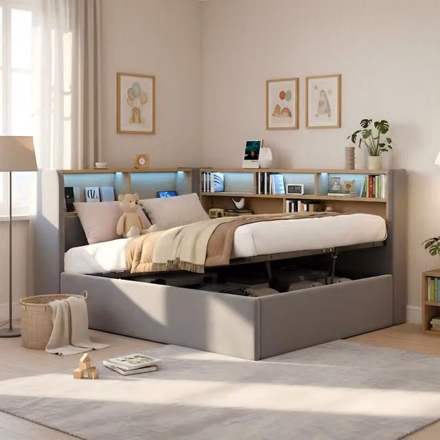 Letto Contenitore Idraulico 90x200 con LED USB ¨C Minimal ¨C Grigio Velluto Imbottito