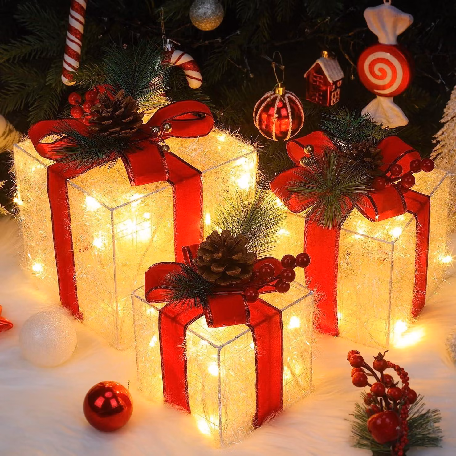 Set di 3 scatole regalo a LED, con 60 LED bianco caldo, timer e grado di protezione IP44