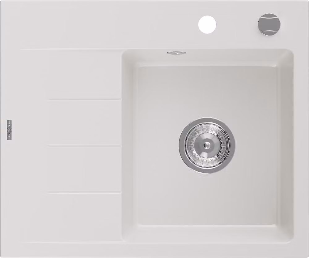 Mexen Ben lavello in granito 1-vasca con sgocciolatoio, destro 600 x 500 mm, bianco, sifone cromato - 6523605000-20