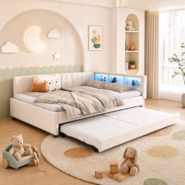 Letto da giorno estraibile 140x200 cm beige con LED, USB-C e vani