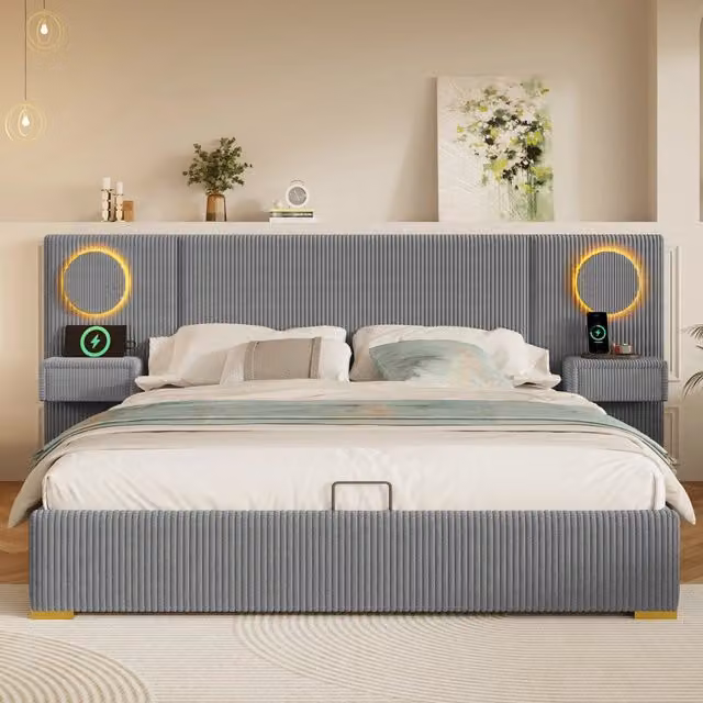 Letto matrimoniale 180x200 cm contenitore con sollevamento idraulico; imbottito in velluto grigio con LED