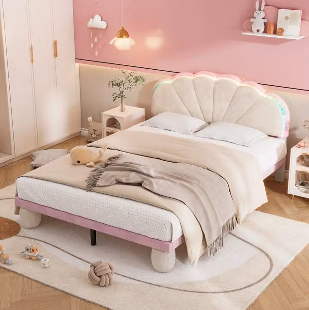 Letto imbottito singolo 140x200 cm in velluto beige e rosa con strisce luminose colorate e testiera ondulata