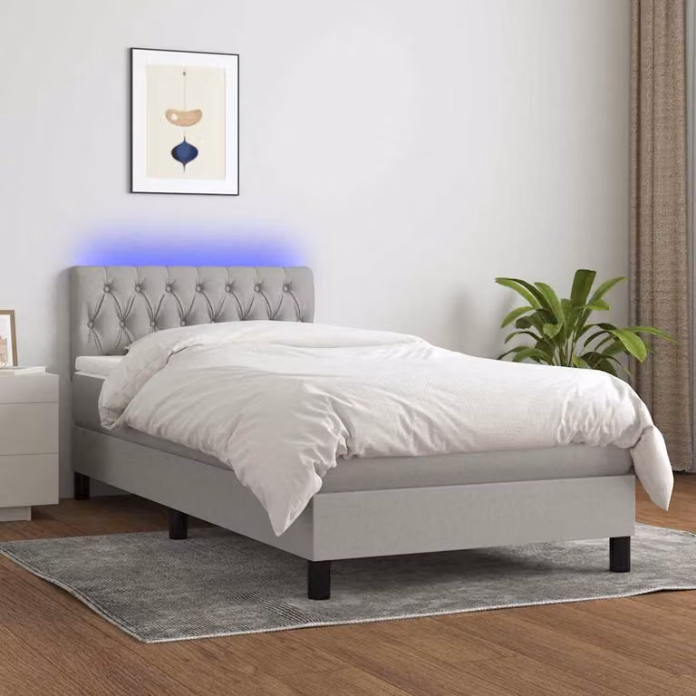 Letto a molle con materasso e illuminazione LED vidaXL in tessuto grigio e bianco, L/P/H: 190 x 90 x 30 cm