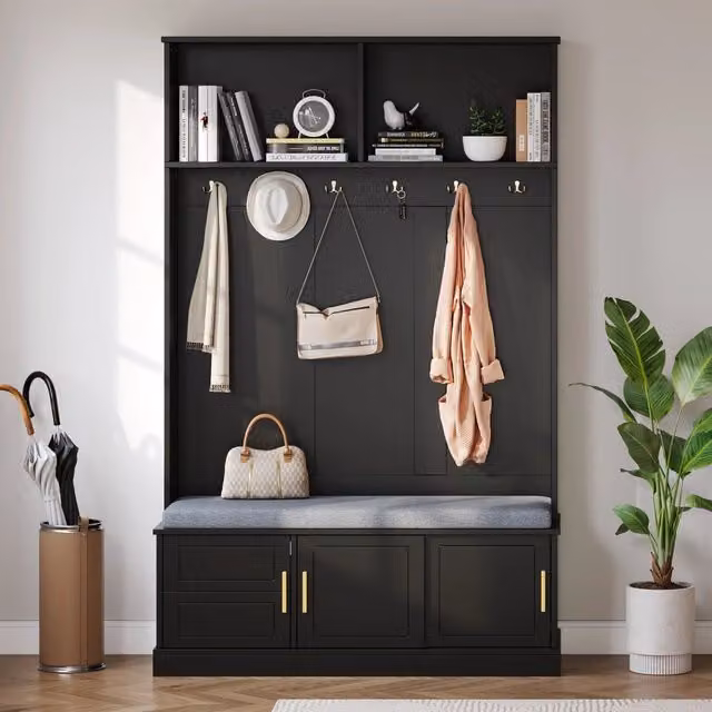 Attaccapanni con panca e scarpiera; 6 ganci tripli; MDF e truciolato; nero; 120x40x191 cm