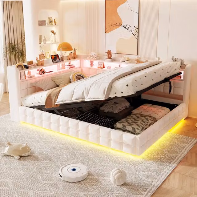 Letto imbottito beige 140x200 con vano contenitore idraulico; LED; prese USB e rete a doghe