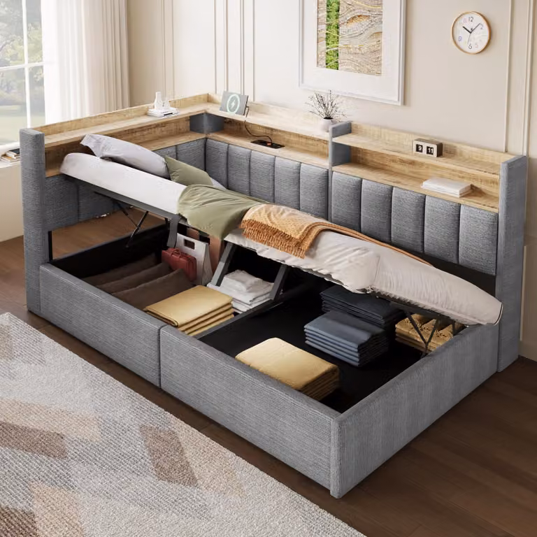 Divano letto Flieks 90x200 cm con USB, divano letto giornaliero con LED, letto a scomparsa idraulico per ragazzi, letto imbottito con testiera, letto contenitore in velluto, grigio