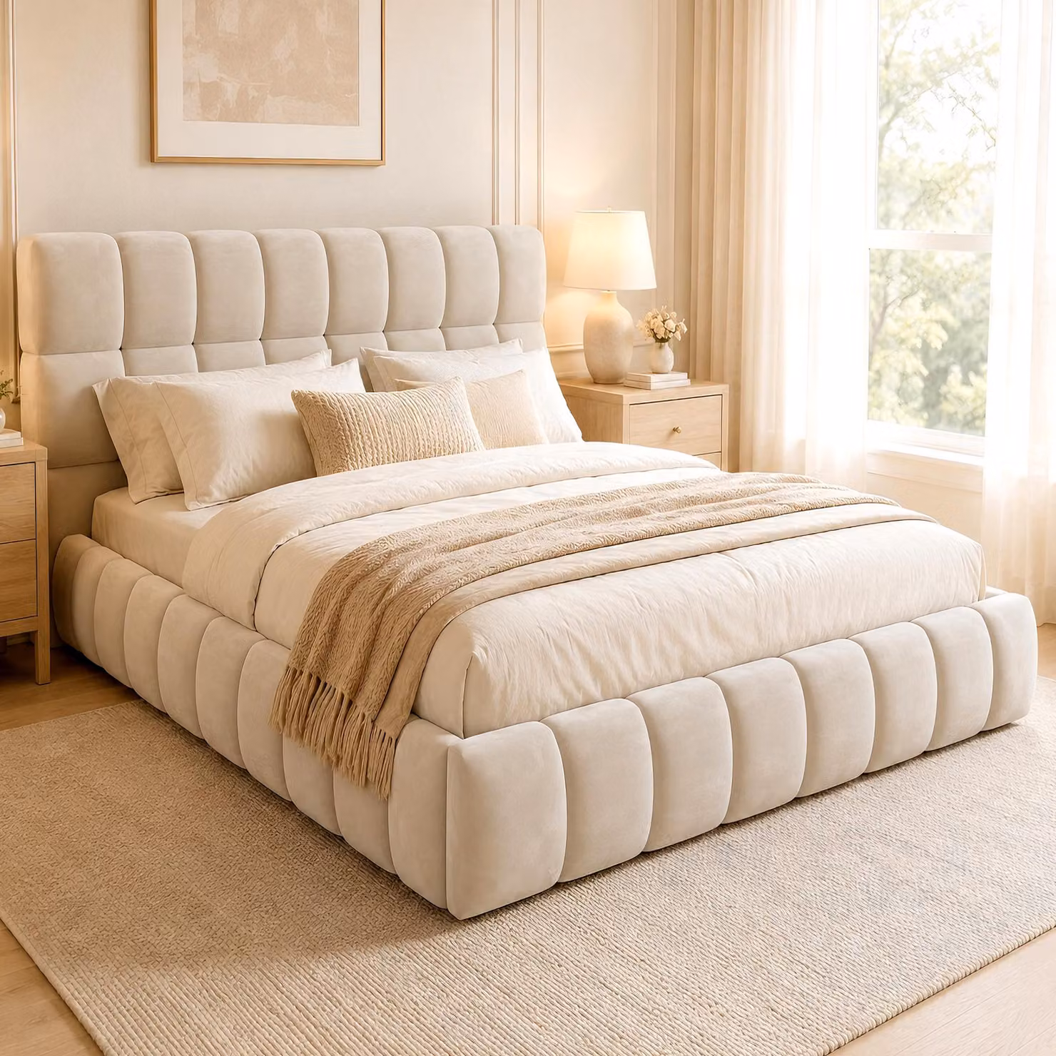 Letto imbottito Merax 140x200 cm con morbido schienale, letto matrimoniale per ragazzi in legno e pannelli truciolari, letto piatto in velluto con bordatura imbottita, beige