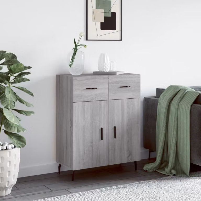Credenza moderna vidaXL in legno multistrato e metallo, Grigio Sonoma, L: 69,5 cm, P: 34 cm, H: 90 cm
