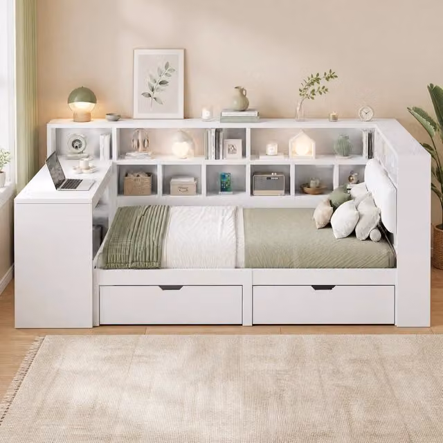 Letto a piattaforma 140 × 200 cm con scrivania libreria led testiera imbottita in MDF e compensato bianco