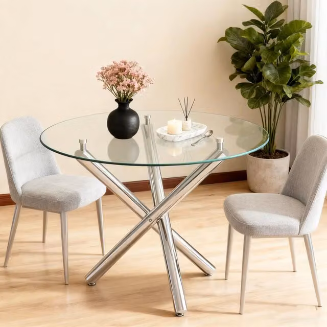 Tavolo rotondo REDOM in vetro trasparente e metallo argento L: 80 cm, P: 80 cm, H: 76 cm