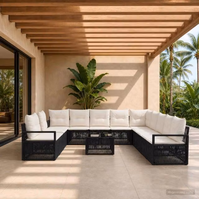 Set Divano da Giardino Moderno vidaXL a Forma a U con Cuscini e Tavolino Nero