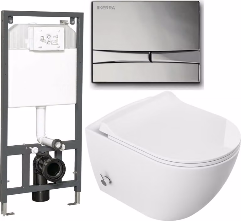Domotechnika | WC sospeso 5In1 - 51X36X32,5 cm - Bianco - Senza brida, funzione bidet, chiusura ammortizzata