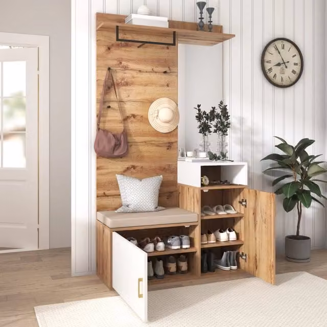 Mobili da ingresso con specchio panca pratica scarpiera a 2 vani e 4 ganci in MDF bianco e legno 105 × 40 × 190,5 cm
