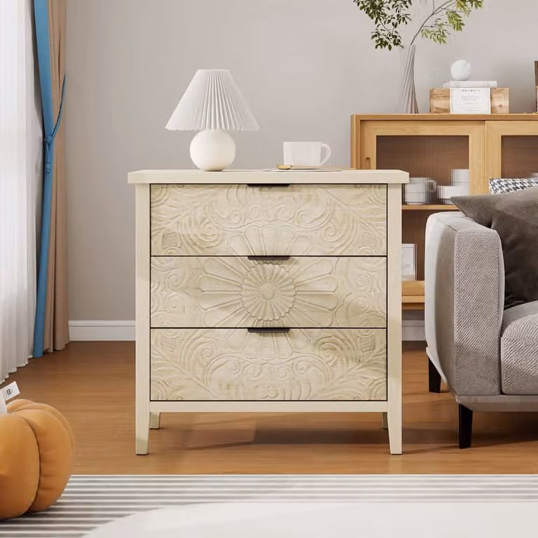 AIORBER, cassettiera, con tre cassetti e design in rilievo, mobile in legno, facile da montare, per soggiorno e camera da letto, 80 x 40 x 80 cm, natura