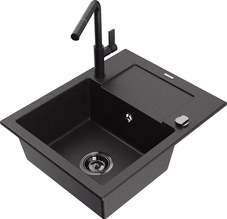 Mexen Enzo lavello in granito a 1 vasca con gocciolatoio e miscelatore cucina Flora, nero/oro metallizzato - 6506-75-670401-70-B